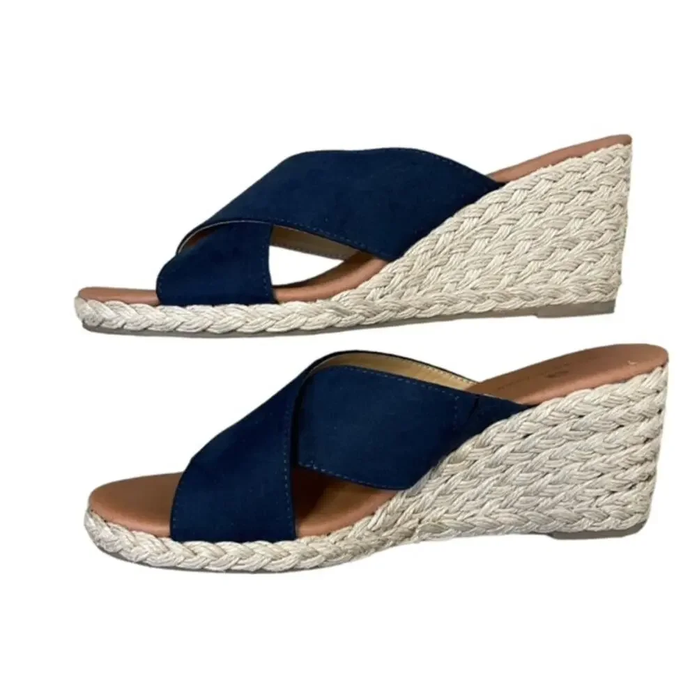 Tommy Bahama Stacey Wedge Slide Sandals Navy Blue Size 9M Espadrille Comfort